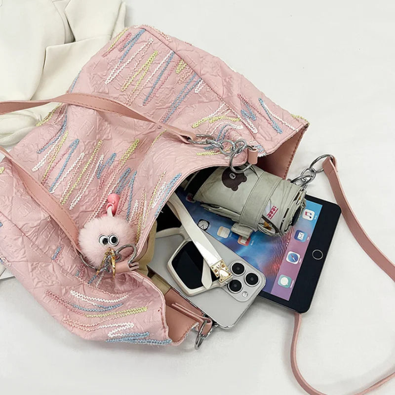 Ingvn  Fashion Forest Style Shoulder Bag Female Embroidery Retro Style Versatile Commuting Leisure Bag Large Capacity Canvas Tote Bag