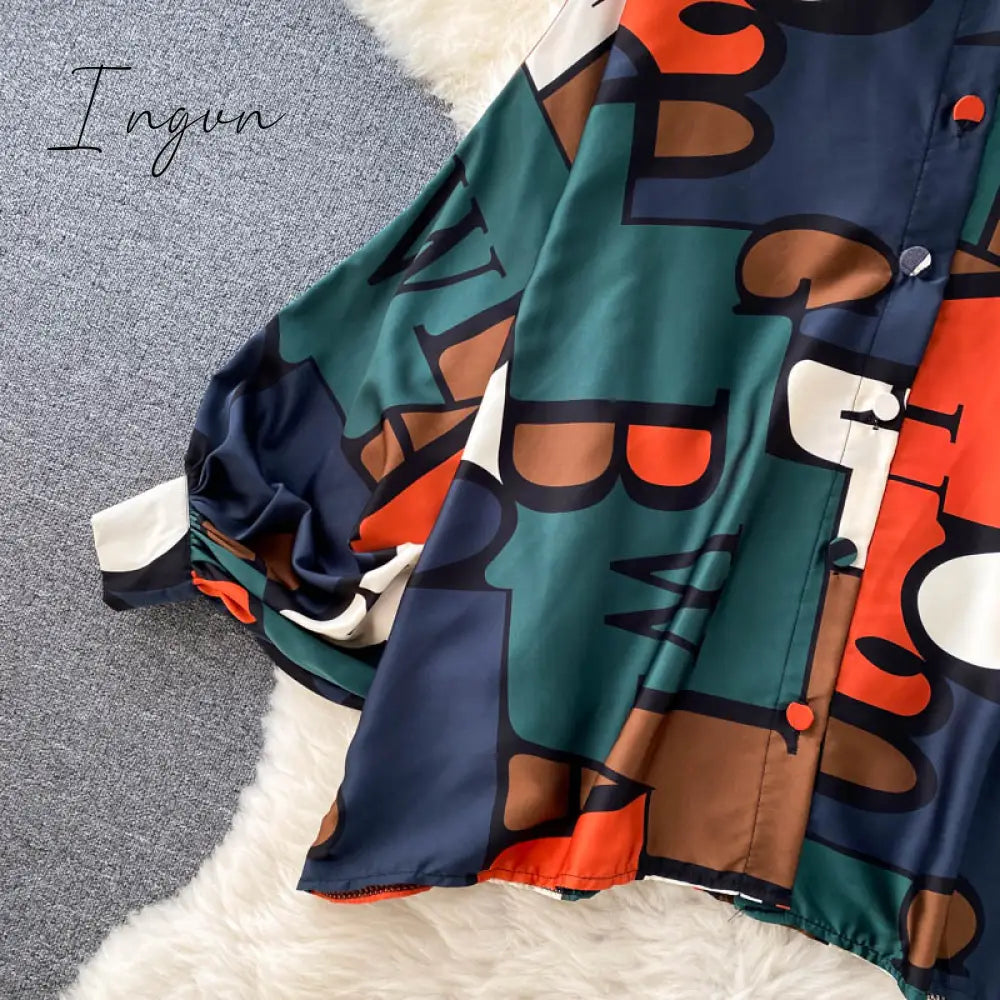 Ingvn - Women's Dress Spring Retro Print Casual Set Design Batwing Sleeve Single Breasted Blouse+High Waist Long Pants Two Piece Suits