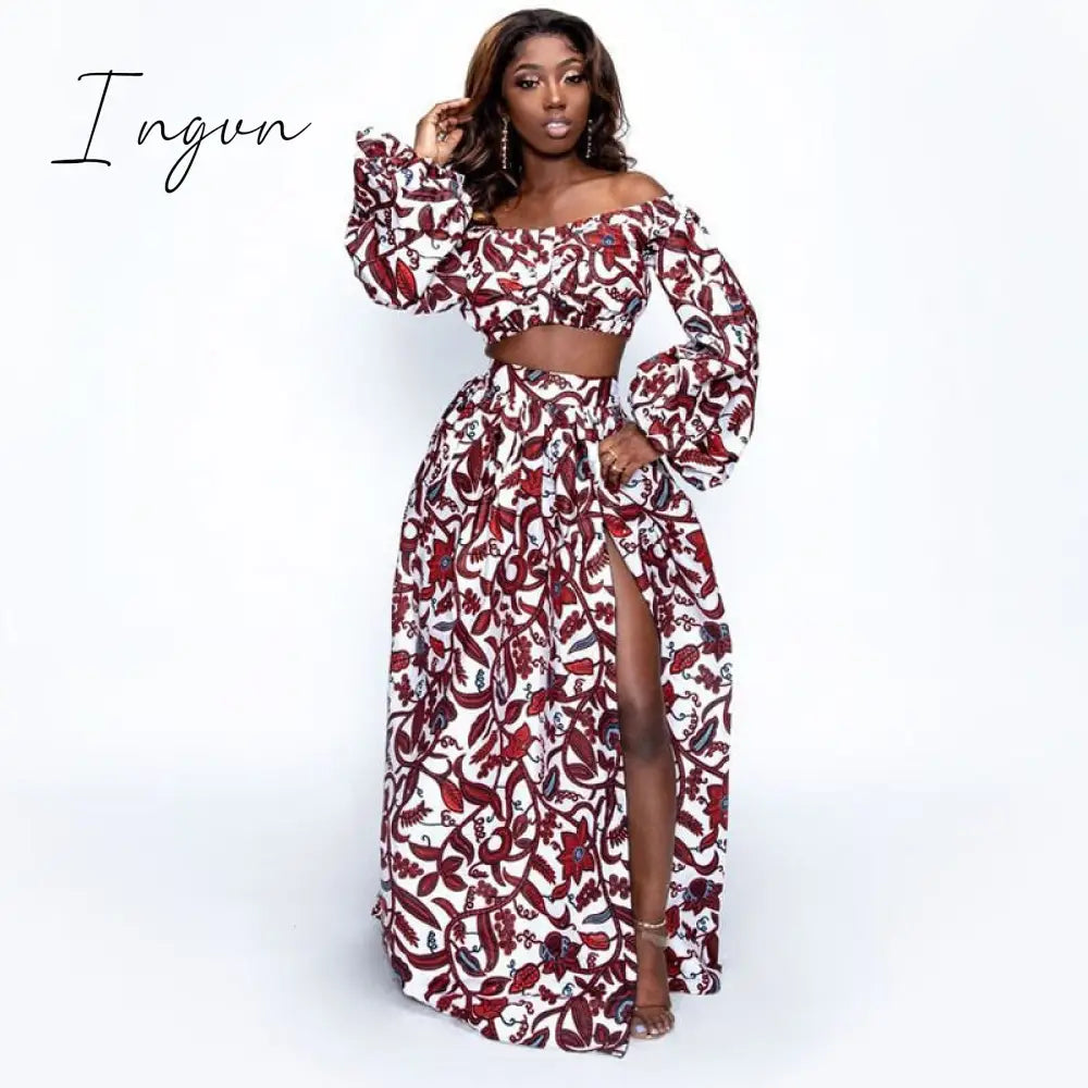 Ingvn - Elegant Women Two Piece Set Dress Sexy Slash-neck Sleeveless Blouse Top +High Slit Skirt Vintage Africa National Print Lady Suit