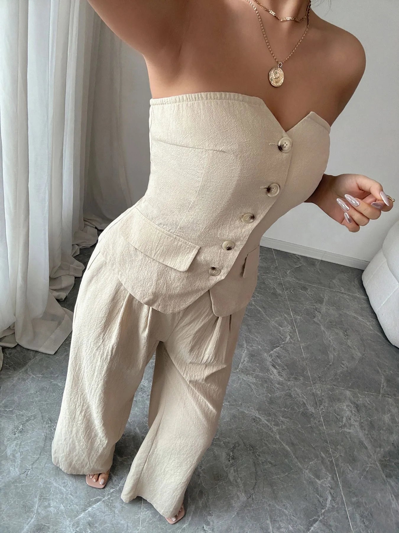 Button Down Tube Top and Pants Set