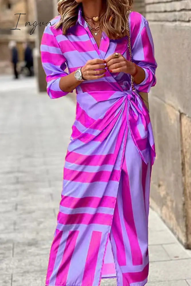Ingvn - Fashion Print Split Joint Turndown Collar Shirt Dress Dresses(3 colors)