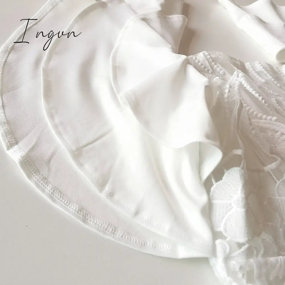 Ingvn - 2023 Summer Fashion Midi Dress Elegant Evening Party White Dresses for Women Classy Prom High-waist Lace Ruffle Female Clothing