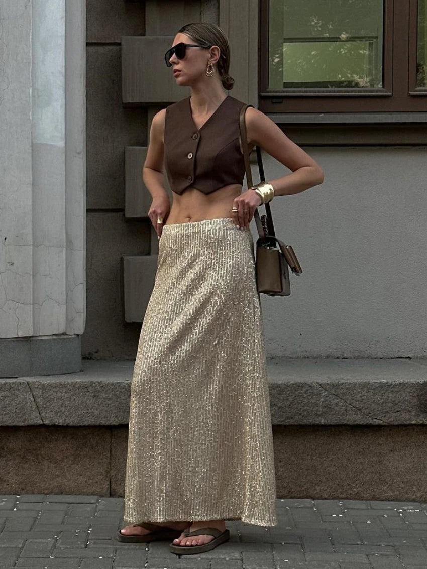 Ingvn  Elegant Silk Sequins Women Skirt Dropped Waist Long Skirts Streetwear Classic Skirt Fashion Female Clothing