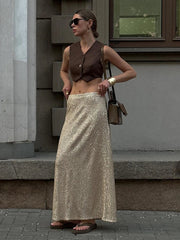 Ingvn  Elegant Silk Sequins Women Skirt Dropped Waist Long Skirts Streetwear Classic Skirt Fashion Female Clothing