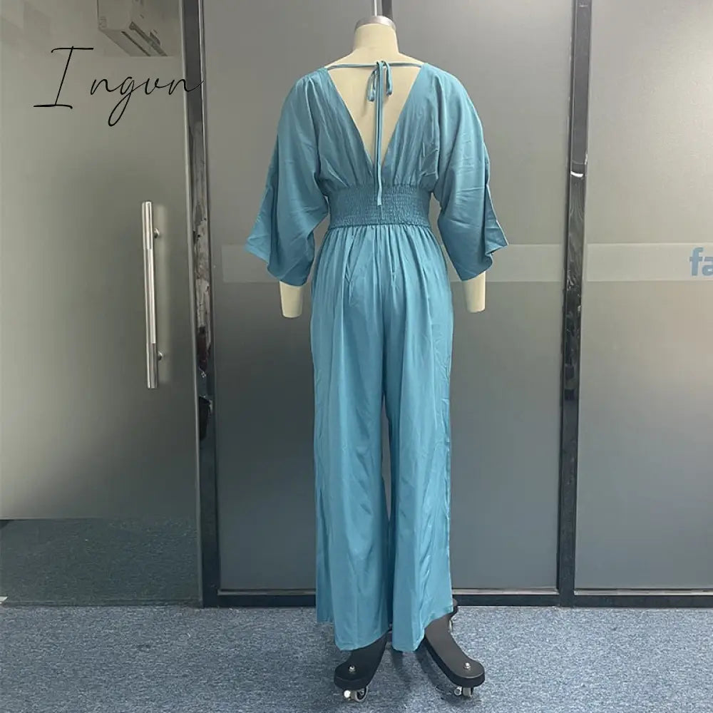 Ingvn - Women Jumpsuit Summer Short Bat Sleeve V Neck Backless Nipped Waist Loose Wide Legs Casual Pants Romper High Streetwear