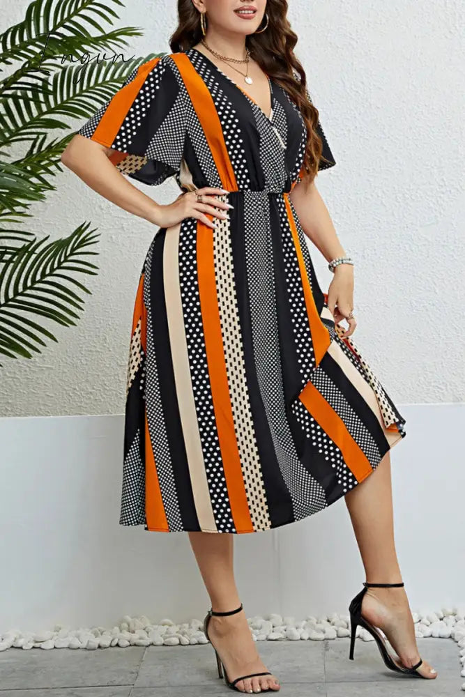 Ingvn - Casual Print Patchwork V Neck Short Sleeve Dress Plus Size Dresses