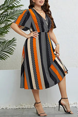 Ingvn - Casual Print Patchwork V Neck Short Sleeve Dress Plus Size Dresses