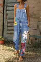 Ingvn -  Flower-printed Baggy Jeans With Suspenders(3 Colors)