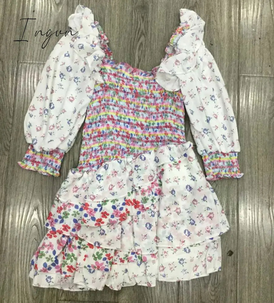Ingvn - Inspired mixed floral prints ruffled party dress puff sleeve square neck smocked sexy laides dress mini chic summer dress