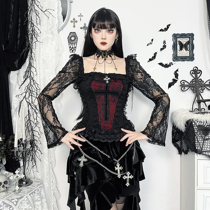 Mall Gothic Vintage Lace T-shirt Women Palace Style Sexy Cross Lace Patchwork Square Collar Flare Sleeve Crop Tee Tops