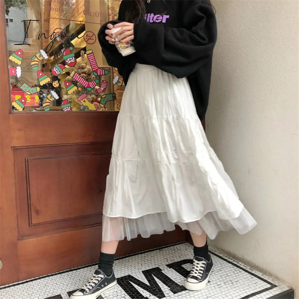Ingvn - Long Tulle Midi Skirts Womens Autumn Elastic High Waist Mesh Tutu Pleated Skirts Female Black White Long Skirt Streetwear