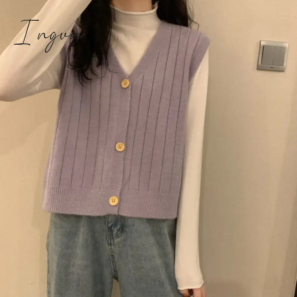 Ingvn - New Vintage V-neck Knitted Vest Sweater Women Sleeveless Pullover Elasticity Sweater Loose Female Casual Oversized Knitted Vest