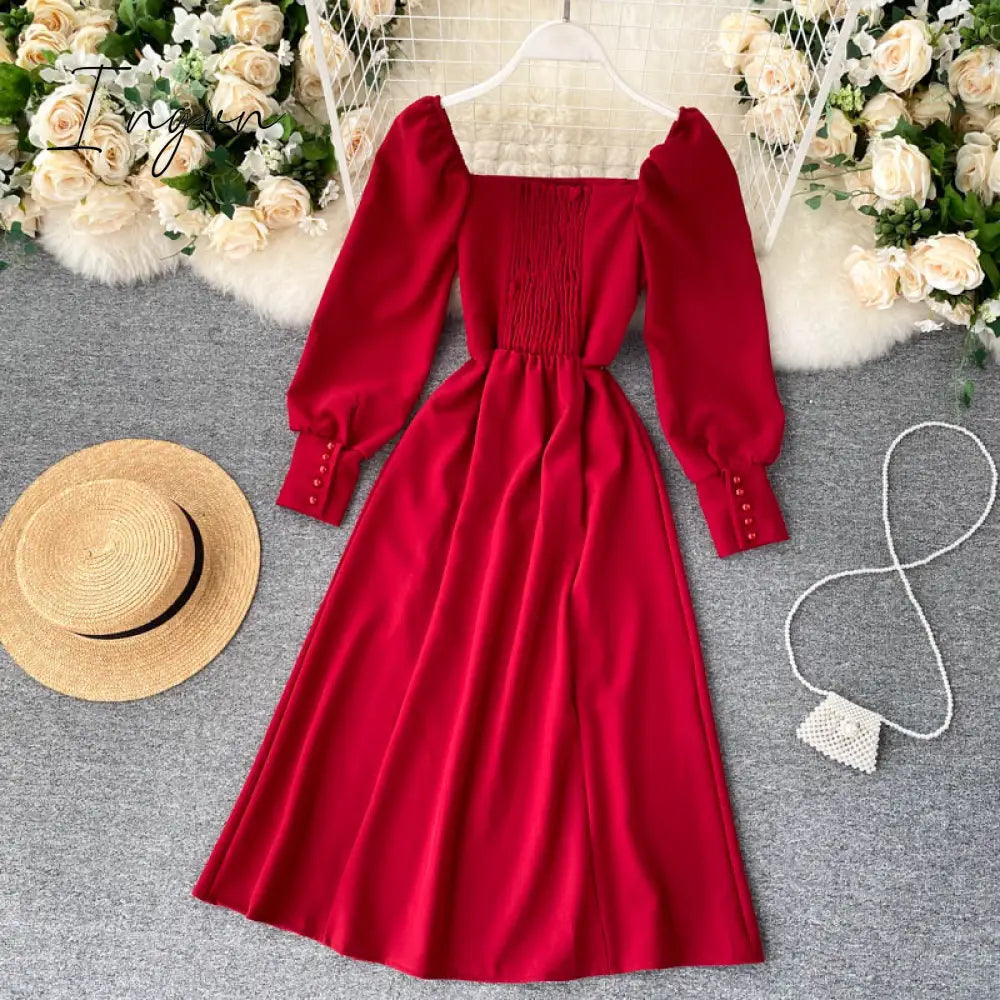 Ingvn - Women Autumn New Split Dress French Retro Square Collar Waist Hugging Slim Puff Sleeve Beading Midi Dress Female Vestidos PL487