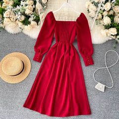 Ingvn - Women Autumn New Split Dress French Retro Square Collar Waist Hugging Slim Puff Sleeve Beading Midi Dress Female Vestidos PL487