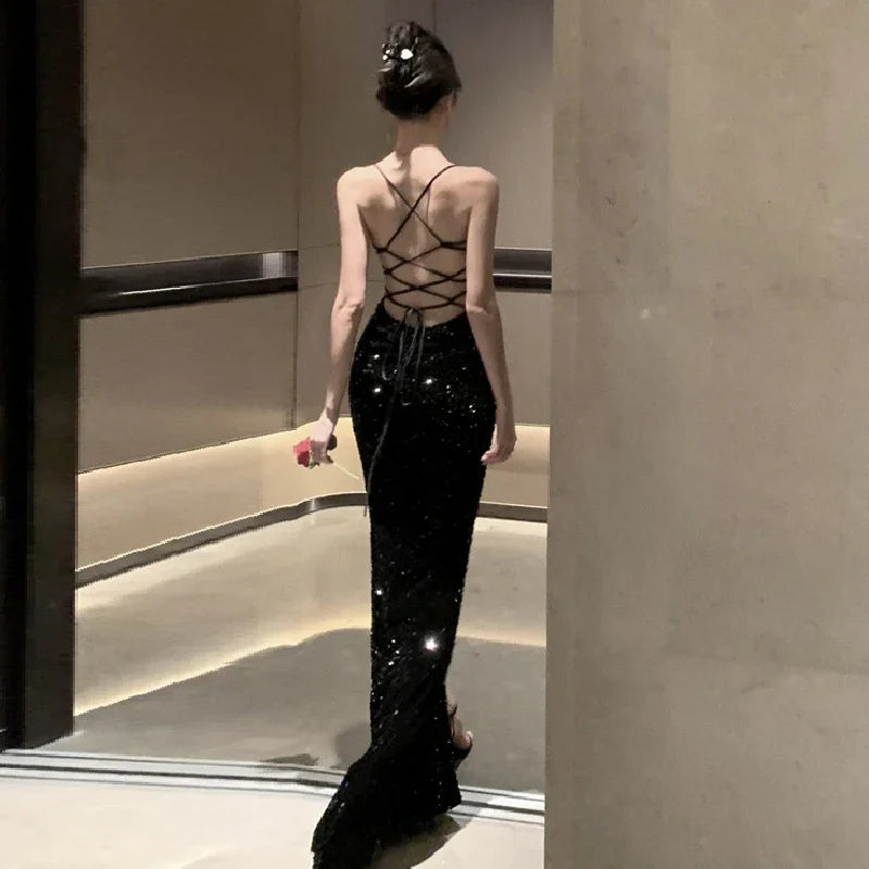Party Dresses Women Criss Cross Sequins Backless Bandage Sleeveless Slim Vintage Sexy Party Dress Temperament Chic