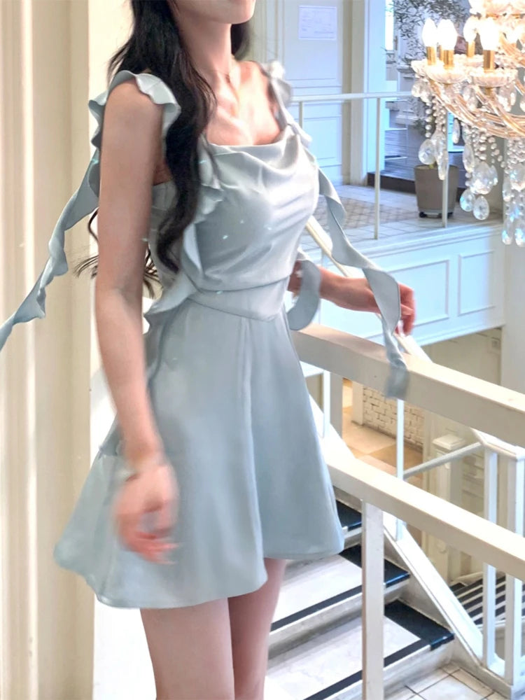 Elegant Sleeveless Satin Mini Dress Women Summer Korean Short Design Spaghetti Strap Vintage Fairy Sweet Female Clothing