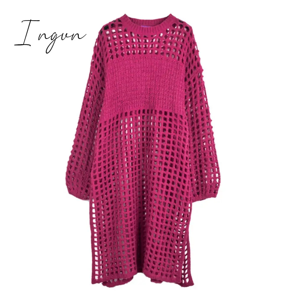 Ingvn - Fashion Solid Color Knitting Dress Loose Casual Temperament Hollow Out Sweater O-neck All-match Women New