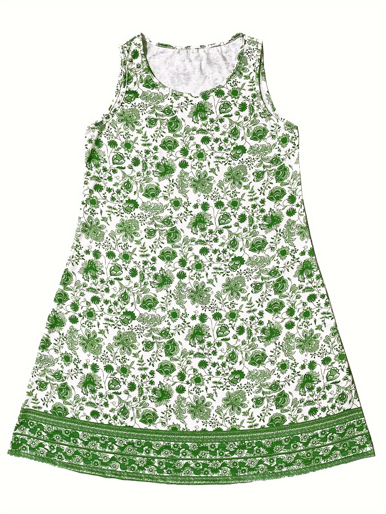 Vibrant Floral Print Crew Neck Tank Dress - Loose Fit, Sleeveless, Casual, Comfortable, Spring & Summer Essential - Women's Clothing for Warmer Weather