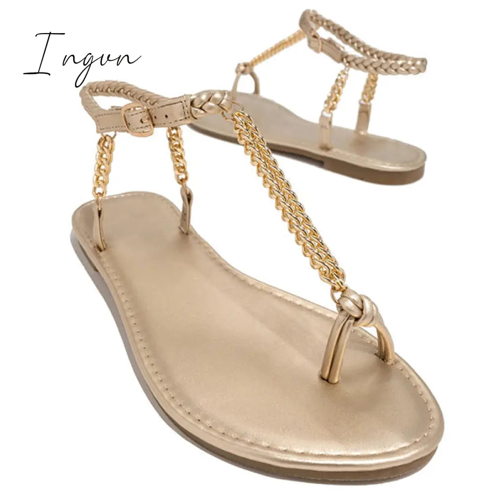 Ingvn - Gold-Tone Chain Braided Ankle Strap Toe Loop Sandals