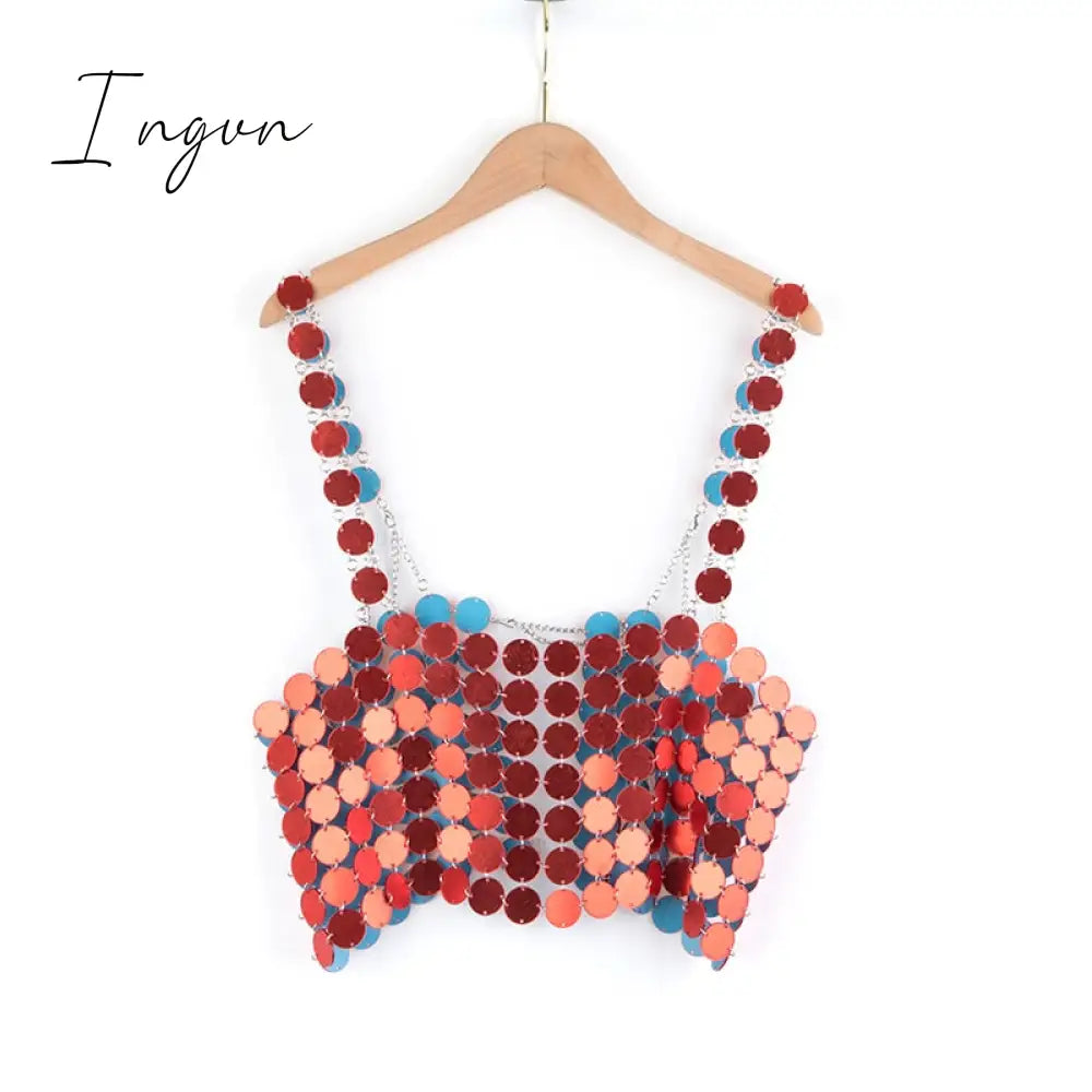 Ingvn - Leqoel Women Sequined Tank Tops for Women Fashion Female Clothing Shiny Metal Shoulder Strap Sexy Backless Mesh Crop Top