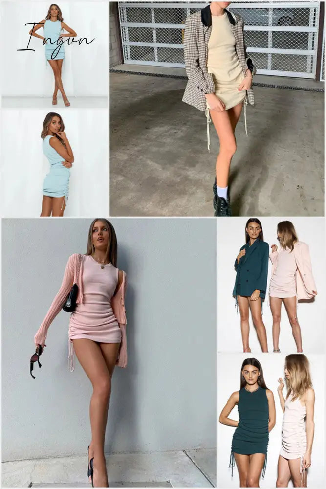 Ingvn - Cotton Ruched Drawstring Sexy Party Dress Women Sleeveless Elastic Mini Dress Vintage Summer Bodycon Club Wear Vestidos