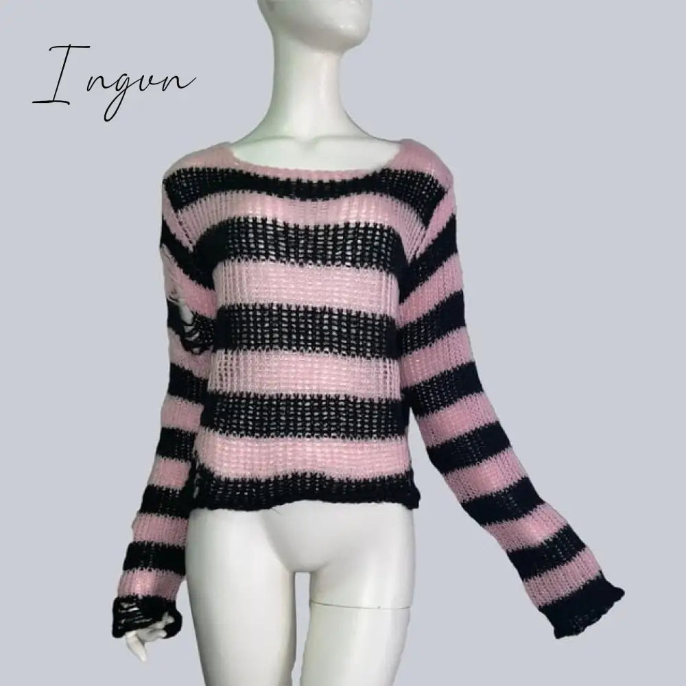 Ingvn - Plus Size Punk Gothic Long Unisex Sweater Dress Cool Hollow Out Hole Broken Jumper Loose Rock Thin Sweter Women Man Striped