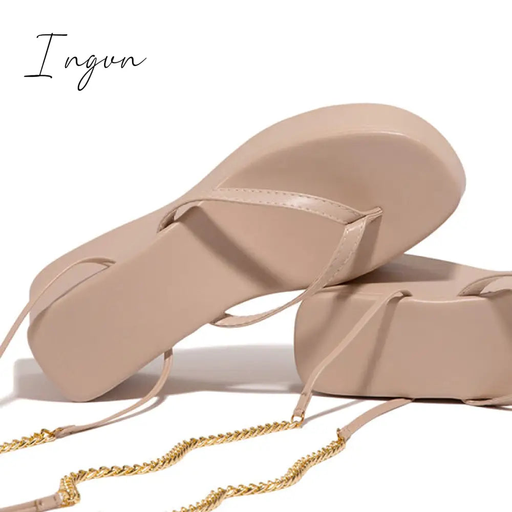 Ingvn - Ankle Chain Lace-Up Thong Entry Wedge Platform Sandals