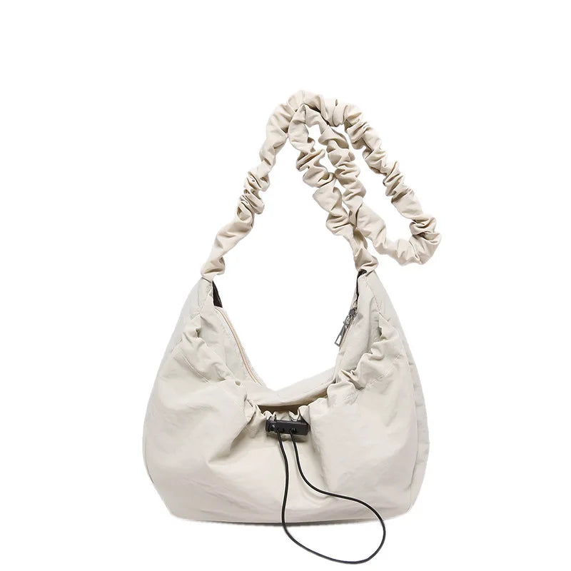 Ingvn  Soft Nylon Women's Drawstring Shoulder Bag Pleated Strap Female Hobos Crossbody Bags Large Capacity Ladies Solid Color Handbags