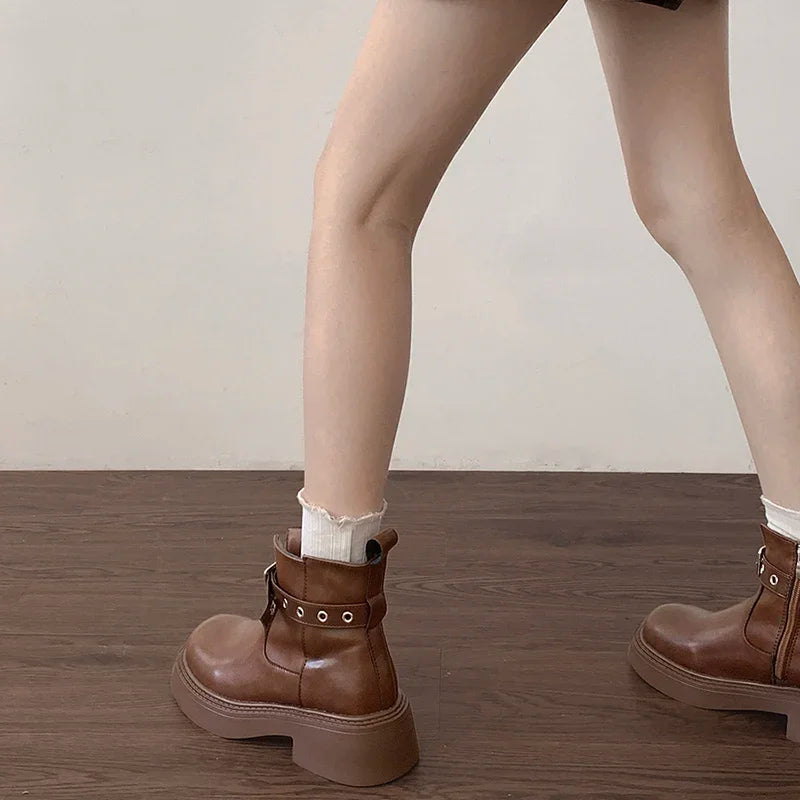 Ingvn  Thick Heel Women Ankle Boots Fashion Elegant Belt Buckle Shoes Spring Autumn Vintage Women's Morder Short Booties