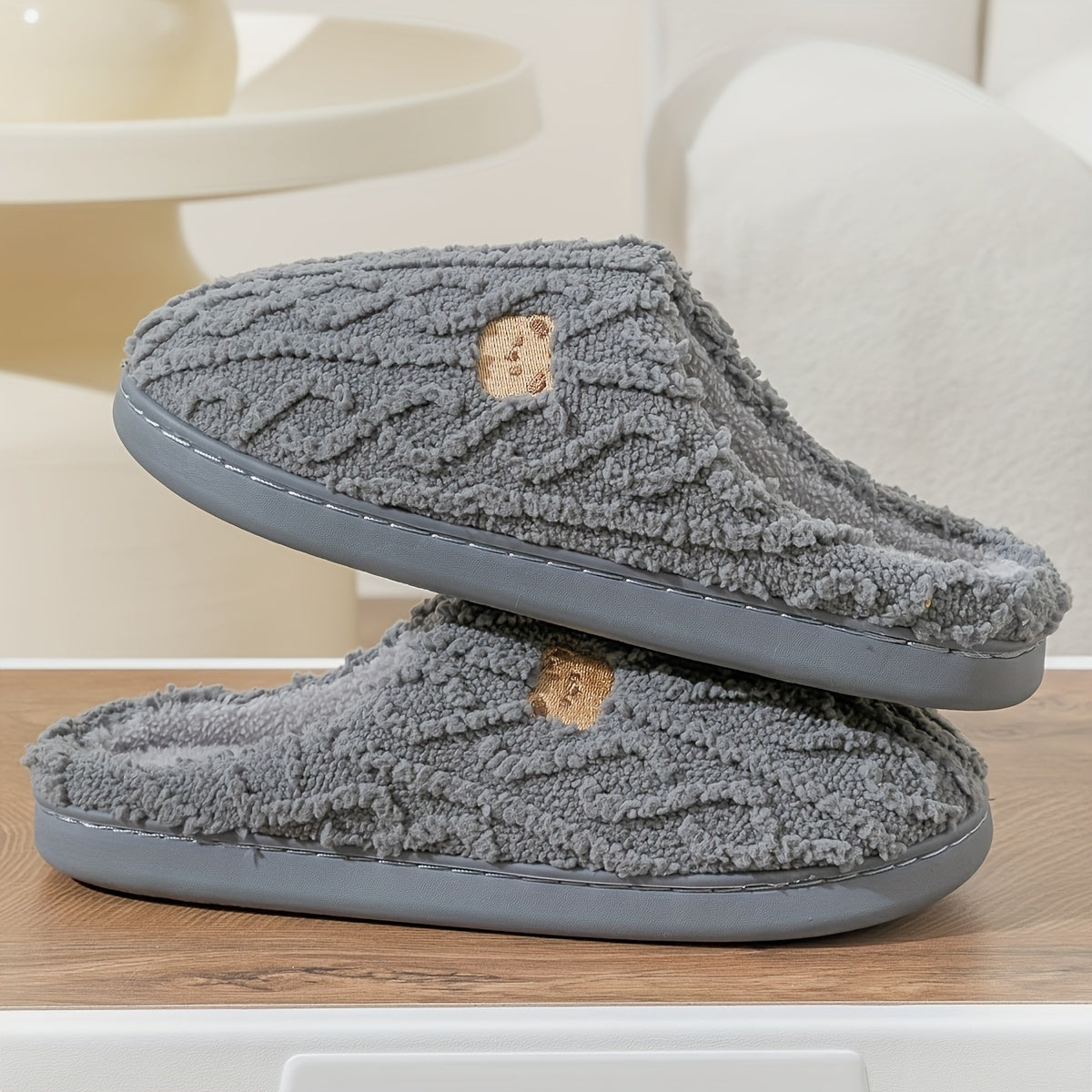 Cozy Stripe Fuzzy Slippers - Soft Fabric Upper, Non-Slip TPR Sole, Slip-On Design, Warm and Plush for Winter, Casual Stripe Pattern, Fabric Insole, Positioning Printing, All-Season Wear