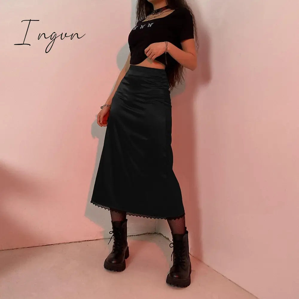 Ingvn - Autumn Fairy Grunge Long Tulle Skirts Women Kawaii Plaid Black Skirt Harajuku Low waisted Skirt Korean Fashion