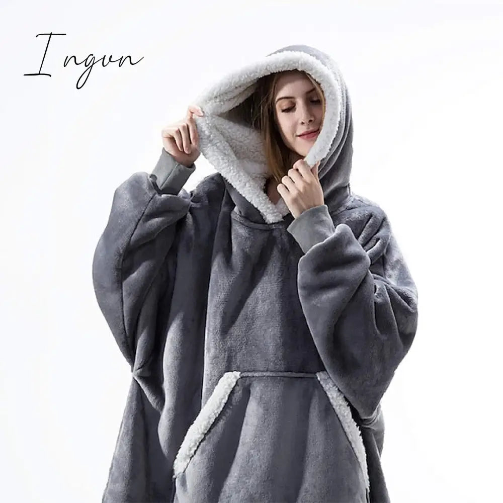 Ingvn - Women‘s Couple‘s Pajamas Nightgown Hoodie Blanket Wearable Blanket Christmas Grid / Plaid Pure Color Plush Simple Comfort Home Party Fleece Warm Gift Patchwork Pocket Fall Winter Black Gray