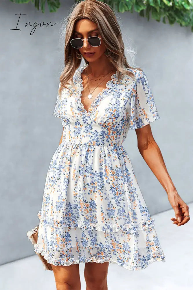 Ingvn - Printed Flutter Sleeve V-Neck Dress