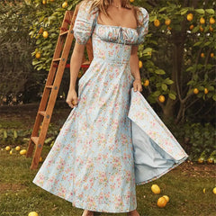 Ingvn - womens fashion Vintage Square Collar Printed Dress Women Sweet Puff Sleeve Slim Long Casual Split Spring Summer Floral Dress Ladies New