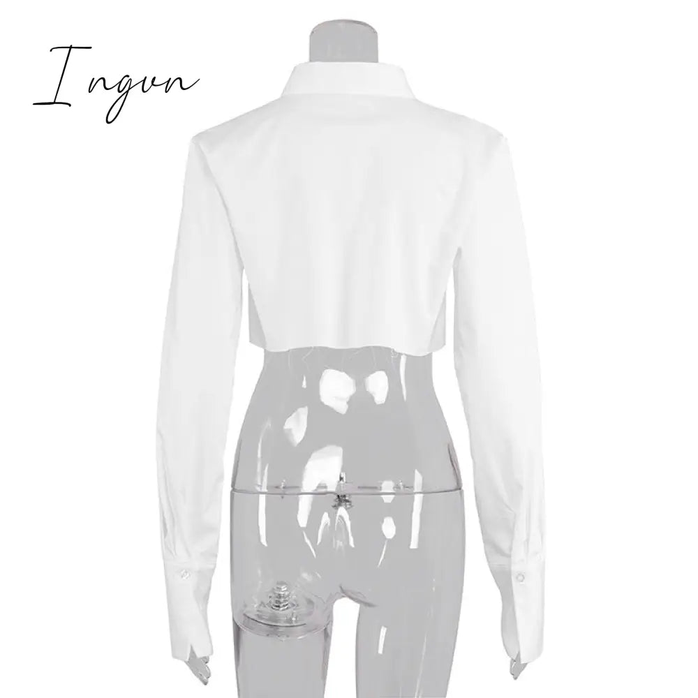 Ingvn - Sexy Crop Top Tassel Solid Color Shirt For Women Lapel Collar Long Sleeve Loose Oversized Shirts Female New