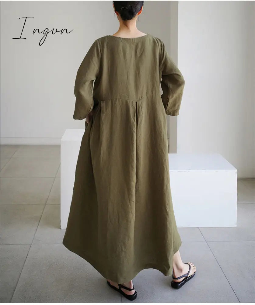 Ingvn - Women Summer Cotton dresses Nine-point Sleeves dress long Maxi dress loose robes casual Dress customized plus size dress boho Linen dress