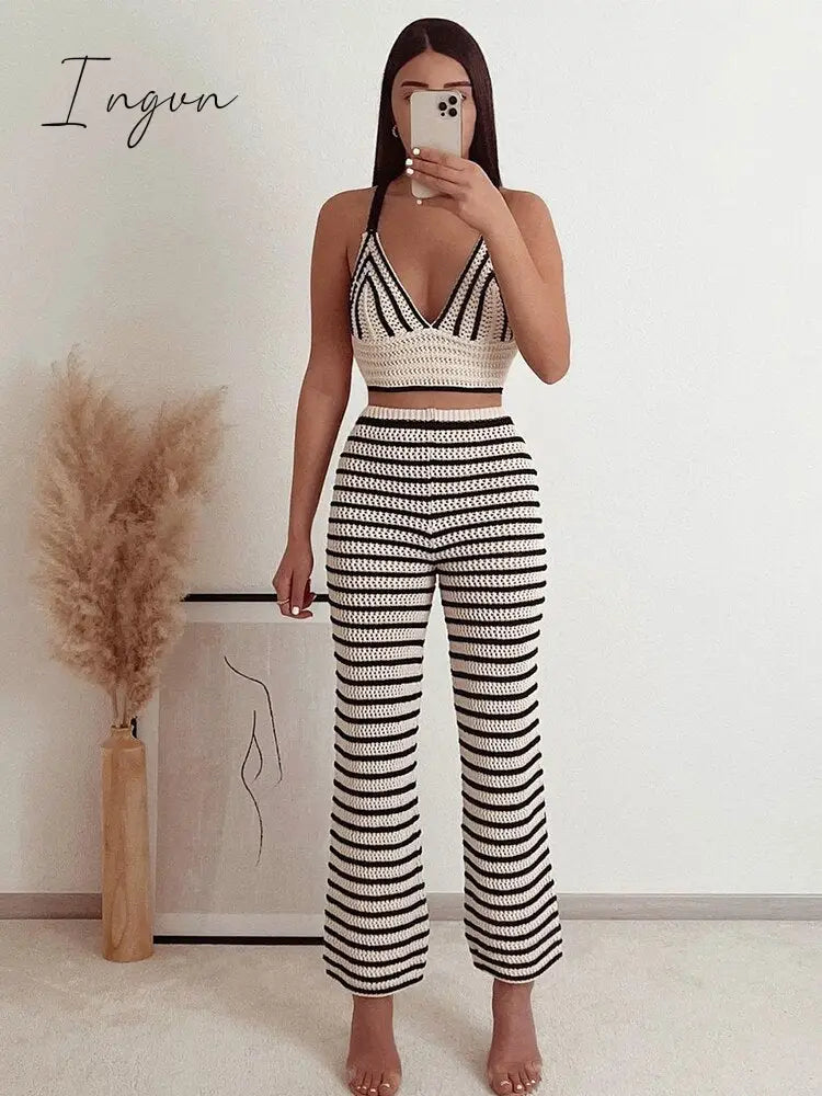 Ingvn - Knitted Two Piece Set Long Sleeve Crop Top Beach Sexy And Bodycon Trousers Summer Women Outfits Party Club