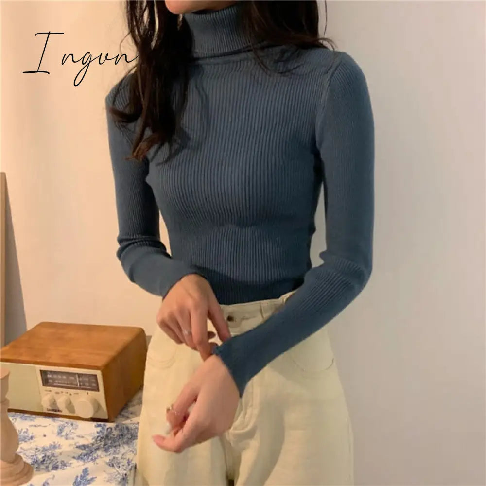 Ingvn - Autumn Winter Knitted Sweater Pullovers Turtleneck Sweater for Women Long Sleeve White Black Soft Female Jumper Clothing