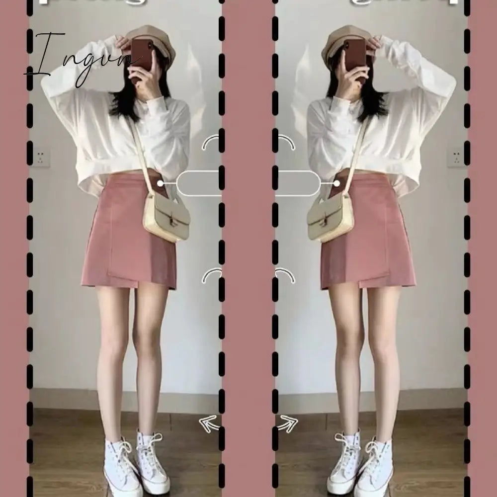 Ingvn - Oversize Sets Women Lovley Fashion Chic Spring Fall Korean Girls 2 Piece Outfits Simple Basic Crop Top Popular Sexy Mini Skirts
