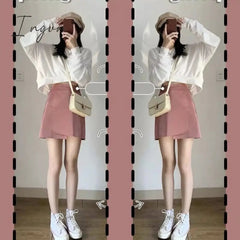 Ingvn - Oversize Sets Women Lovley Fashion Chic Spring Fall Korean Girls 2 Piece Outfits Simple Basic Crop Top Popular Sexy Mini Skirts