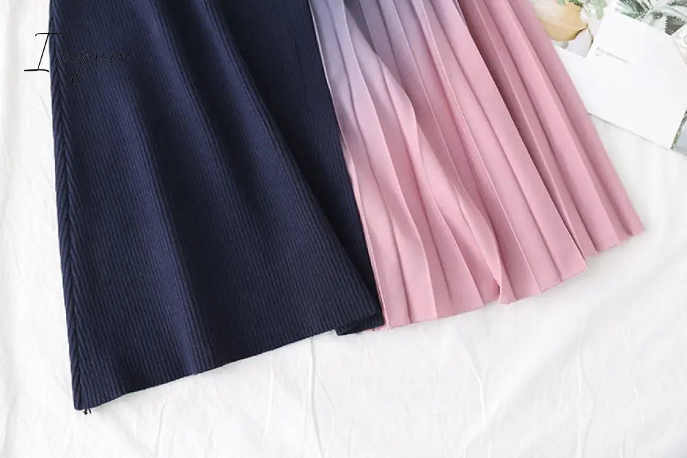 Ingvn - Autumn Winter Elegant Knitted Patchwork Gradient Pink Pleated Dress Women Long Sleeve Office One-Piece Sweater Dress With Belt