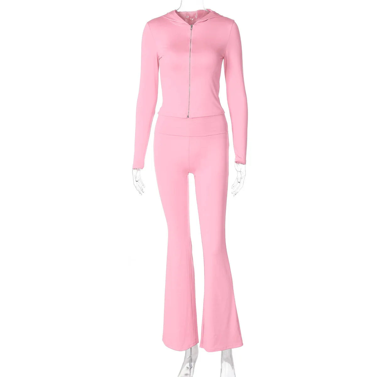 Hooded Top And Trousers Two Piece Sets Women Fashion Zipper Long Sleeve Tops And Flare Pant Female Casual Suit New