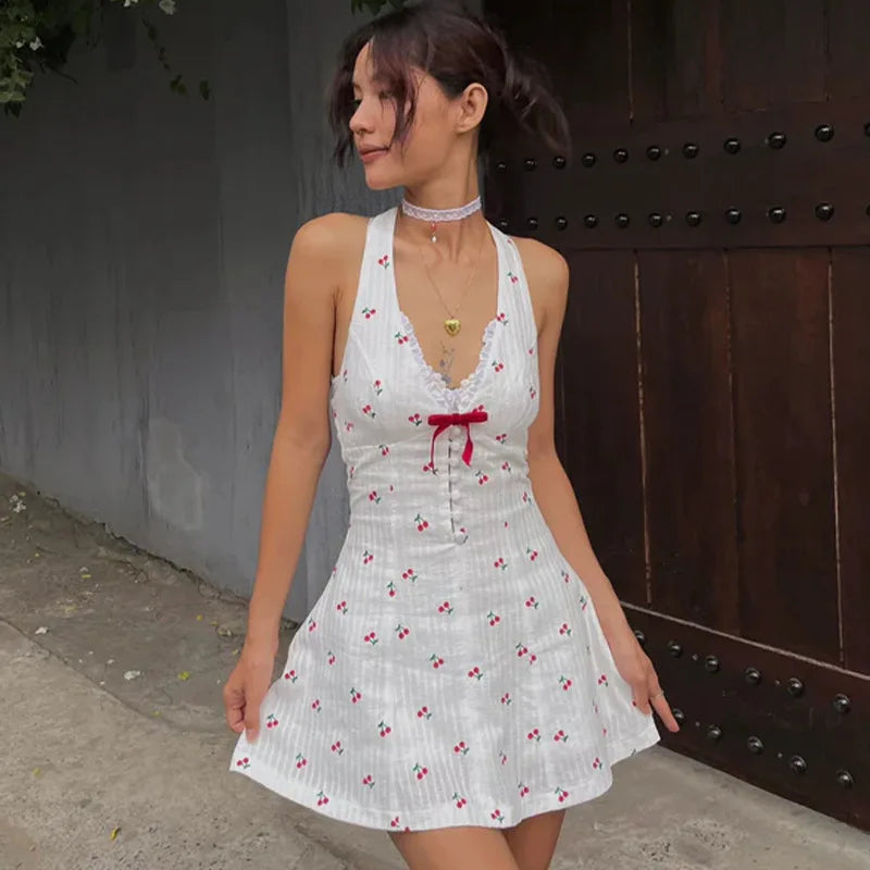 Cherry Print V-Neck Sleeveless Sexy Backless Casual Halter Mini Dress Y2K Spring Summer Streetwear Party Women Vestidos