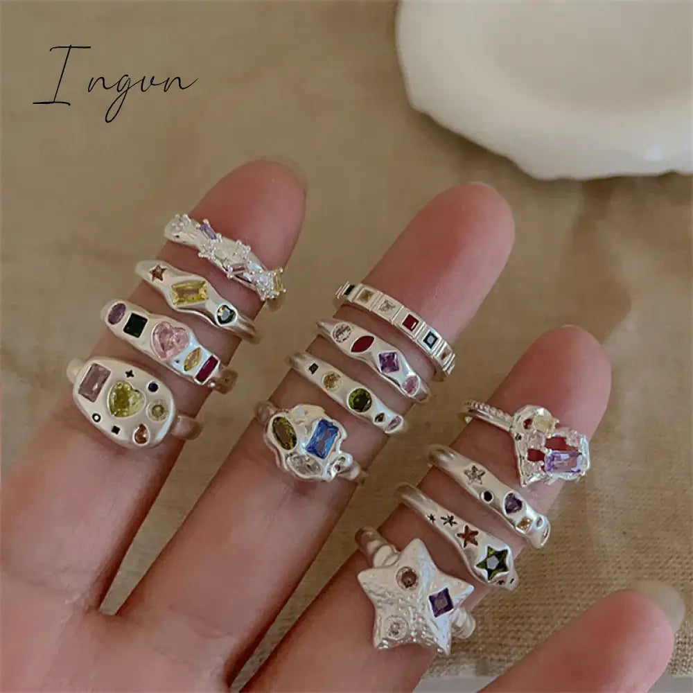 Aesthetic Rings For Women Heart Star Colorful Zircon crystal Minimalist Open Adjustable Finger Rings Fashion Band Female Bijoux