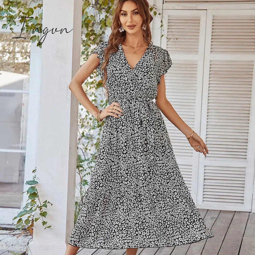 Ingvn - Ladies Vintage Print Chiffon Dress Women Casual Ruffles Long Bohemian Party Beach Summer Dress Women Sundress Female Vestidos