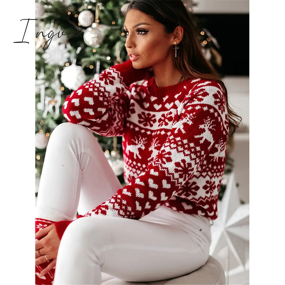 Ingvn - Fashion Autumn Winter Long Sleeve Loose Christmas Dresses Ladies Christmas Print A-line Mini Dress tops New Women