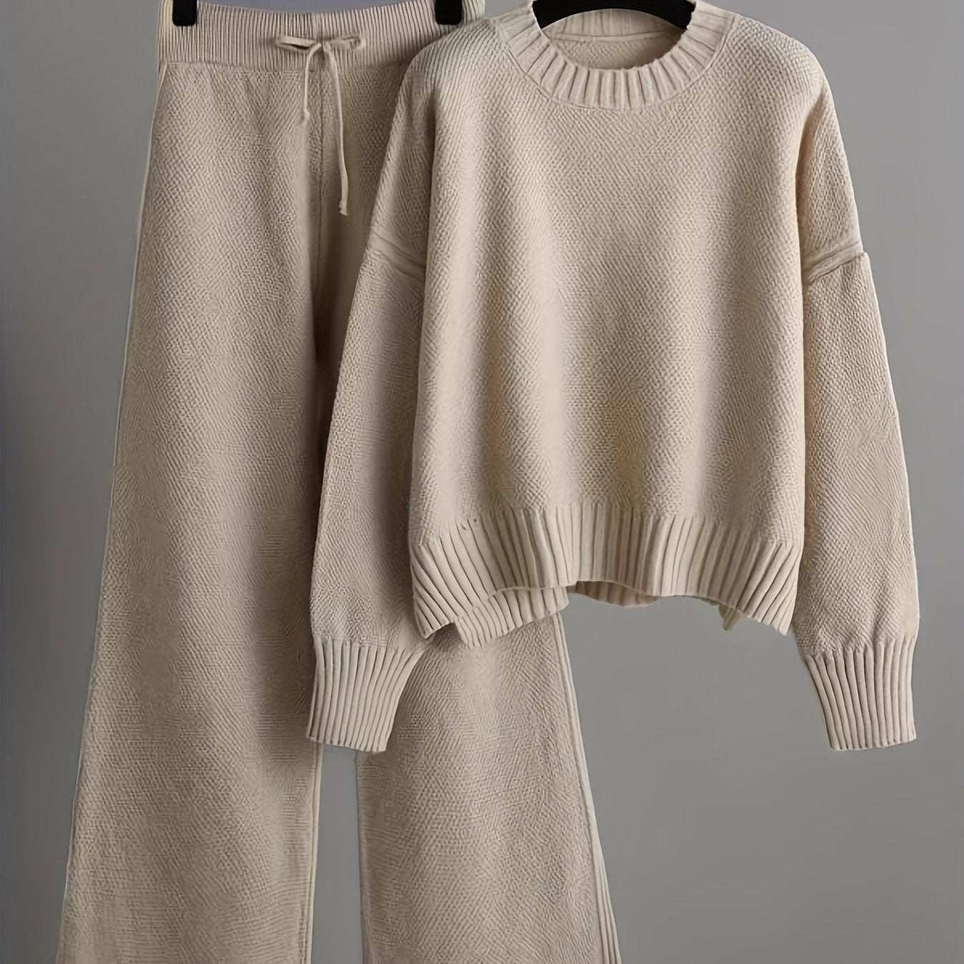 Cozy Knit Pants Set - Soft Long Sleeve Crew Neck Drop Shoulder Sweater, Drawstring Waist Wide Leg Pants, Comfortable Women's Clothing Outfit for Casual Daily Wear - Autumn Winter Fashion Essentials