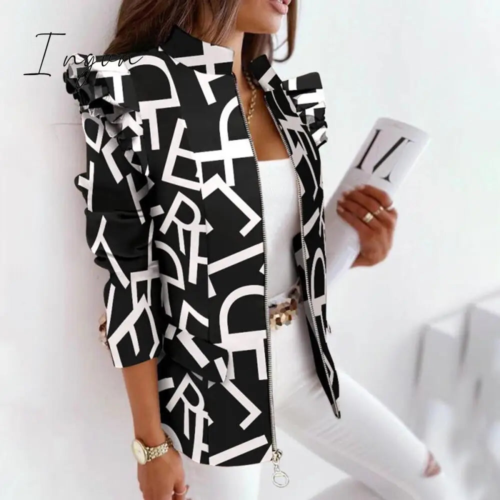 Ingvn - Casual Plaid Jacket Women Spring Autumn Long Sleeve Ruffles Khaki Pink Zippers Woman Coats Fashion Office Lady Jackets Coat