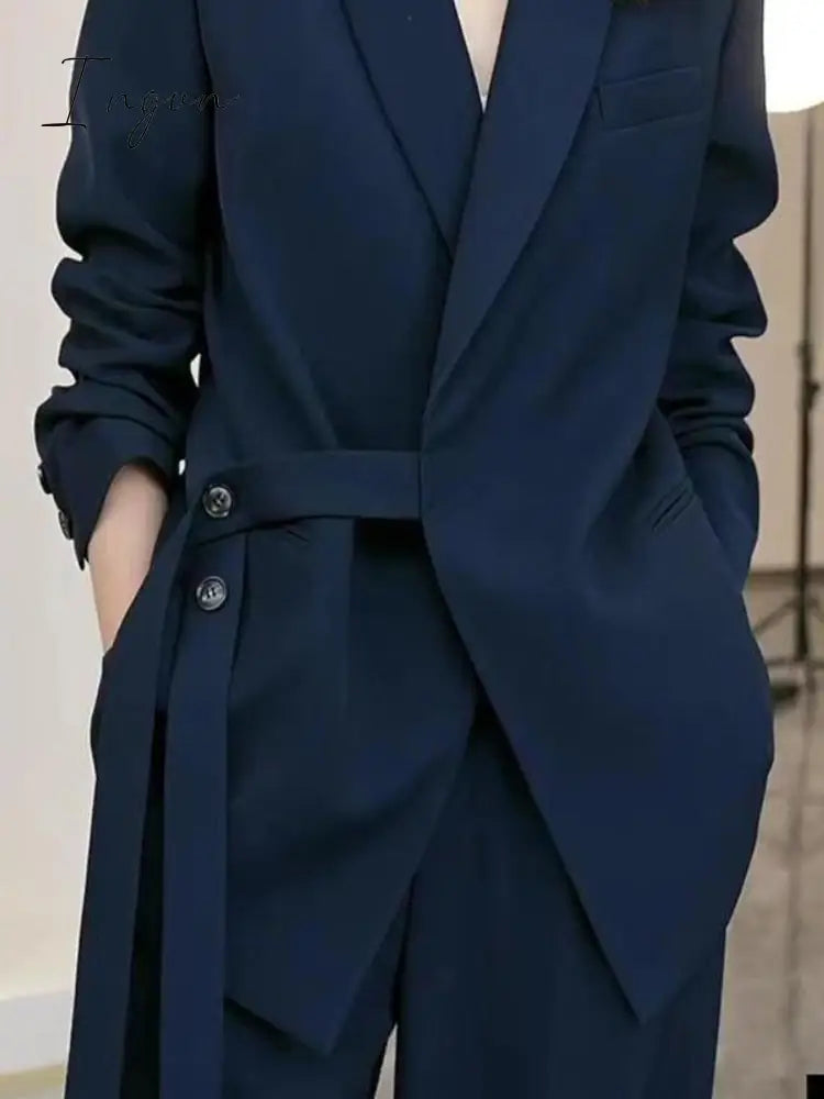 Ingvn - Women Suits Office Sets Pockets Coat Wide Leg Pants New 2023 Spring Autumn Office Wear Women Fashion Elegance Lady Blazer Sets