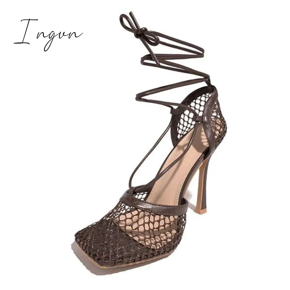 Ingvn - Fishnet Squared Toe Lace Up Heels